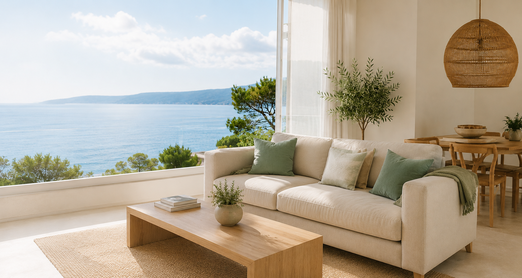 Salon lumineux avec vue sur la mer